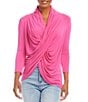 Color:Pink - Image 1 - Cowl Neck 3/4 Sleeve Crossover Knit Top