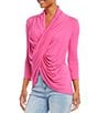 Color:Pink - Image 3 - Cowl Neck 3/4 Sleeve Crossover Knit Top