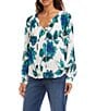 Karen Kane Crepe Wild Rose Ruffle Tie Split V -Neck Long Sleeve Peasant Top, Color:Floral Print - Image 3