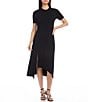 Color:Black - Image 1 - Crew Neck Asymmetrical Front Slit Midi Dress