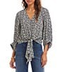Karen Kane Daisy Crepe Printed V-Neck 3/4 Blouson Tie Front Top, Color:Print - Image 1
