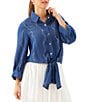 Karen Kane Denim Gemstone Point Collar 3/4 Blouson Sleeve Button Tie Front Blouse - Image 1