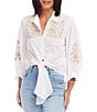 Color:White With Khaki - Image 1 - Embroidered Point Collar Long Sleeve Tie-Front Blouse