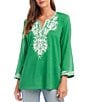 Color:Green - Image 1 - Embroidered 3/4 Sleeve Tunic