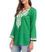 Color:Green - Image 3 - Embroidered 3/4 Sleeve Tunic
