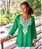 Color:Green - Image 4 - Embroidered 3/4 Sleeve Tunic