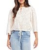 Color:Ivory - Image 1 - Embroidered Eyelet Split Neck Flouncy Sleeve Tie Waist Top