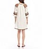Color:Multi - Image 2 - Embroidered Linen Blend Split V-Neck 3/4 Peasant Sleeve Ruffle Hem Shift Dress