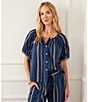 Karen Kane Embroidered Short Puff Sleeve Button Front Coordinating Top, Color:Navy Multi - Image 4