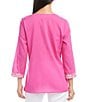 Color:Pink - Image 2 - Embroidered Split-V Neck 3/4 Sleeve Tunic