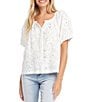 Color:Off White - Image 1 - Eyelet Lace Short Puffed Sleeve Button Front Peasant Top