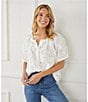 Color:Off White - Image 3 - Eyelet Lace Short Puffed Sleeve Button Front Peasant Top