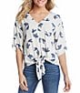 Karen Kane Fish Print V-Neck Short Flutter Sleeve Tie-Front Top, Color:Print - Image 1