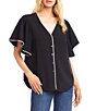 Karen Kane Flutter Sleeve Edge Stitch Butt Front Top, Color:Black/Cream - Image 1