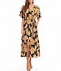Color:Gold leaf print - Image 1 - Gold Leaf Print Surplice V-Neck Short Sleeve A-Line Front Slit Maxi Dress