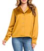Color:Gold - Image 1 - Heavy Satin Crepe Notch Collar Neck Long Sleeve Button Front Top