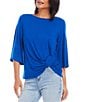 Color:Blue - Image 1 - Knit Flare Sleeve Crew Neck Top