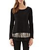 Karen Kane Layered Contrast Leopard Crew Neck Long Sleeve Sweater - Image 1
