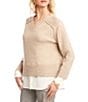 Karen Kane Layered V-Neck Long Sleeve Knit Underlayer Combo Top, Color:Oat - Image 3