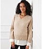 Karen Kane Layered V-Neck Long Sleeve Knit Underlayer Combo Top, Color:Oat - Image 4