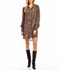 Color:Leopard - Image 1 - Leopard Print Crepe Knit Point Collar Neck Blouson Sleeve Button Front Shirt Dress