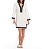 Color:Off White/Black - Image 1 - Lightweight Linen Blend Mandarin V-Neck 3/4 Sleeve Shift Dress