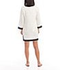 Color:Off White/Black - Image 2 - Lightweight Linen Blend Mandarin V-Neck 3/4 Sleeve Shift Dress