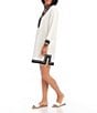 Color:Off White/Black - Image 3 - Lightweight Linen Mandarin V-Neck 3/4 Sleeve Shift Dress