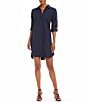 Color:Navy - Image 1 - Linen Blend Collared Roll Tab Sleeve Shirtdress
