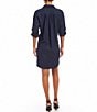 Color:Navy - Image 2 - Linen Blend Collared Roll Tab Sleeve Shirtdress