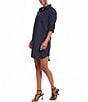 Color:Navy - Image 3 - Linen Blend Collared Roll Tab Sleeve Shirtdress