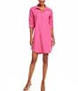 Color:Pink - Image 1 - Linen Blend Collared Roll Tab Sleeve Shirtdress