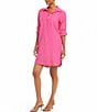 Color:Pink - Image 3 - Linen Blend Collared Roll Tab Sleeve Shirtdress