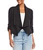 Color:Black - Image 1 - Linen Blend Drape Collar Open Front Roll Sleeve Cardigan