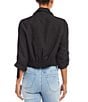 Color:Black - Image 2 - Linen Blend Drape Collar Open Front Roll Sleeve Cardigan