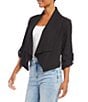 Color:Black - Image 3 - Linen Blend Drape Collar Open Front Roll Sleeve Cardigan