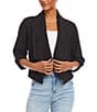 Color:Black - Image 4 - Linen Blend Drape Collar Open Front Roll Sleeve Cardigan