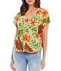 Color:Tropical Print - Image 1 - Linen Blend Tropical Floral Print V-Neck Short Sleeve Top