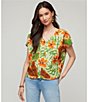 Color:Tropical Print - Image 4 - Linen Blend Tropical Floral Print V-Neck Short Sleeve Top
