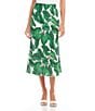 Color:Print - Image 1 - Linen Blend Floral Leaf Print A-Line Bias Cut Midi Skirt