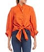 Color:Orange - Image 1 - Linen Mandarin Collar 3/4 Blouson Sleeve Wide Cuff Tie Front Button Front Top