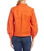 Color:Orange - Image 2 - Linen Mandarin Collar 3/4 Blouson Sleeve Wide Cuff Tie Front Button Front Top