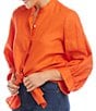 Color:Orange - Image 3 - Linen Mandarin Collar 3/4 Blouson Sleeve Wide Cuff Tie Front Button Front Top