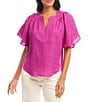Karen Kane Linen Split V-Neck Short Flutter Sleeve Top, Color:Orchid - Image 1