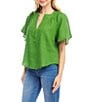 Karen Kane Linen Split V-Neck Short Flutter Sleeve Top, Color:Green - Image 3