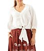 Karen Kane Linen V-Neck 3/4 Blouson Sleeve Tie Front Top - Image 1