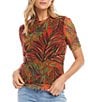 Color:Print - Image 1 - Palm Print Mesh Crew Neck Short Sleeve Fitted Top