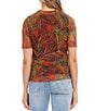 Color:Print - Image 2 - Palm Print Mesh Crew Neck Short Sleeve Fitted Top