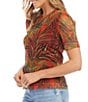 Color:Print - Image 3 - Palm Print Mesh Crew Neck Short Sleeve Fitted Top
