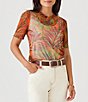 Color:Print - Image 4 - Palm Print Mesh Crew Neck Short Sleeve Fitted Top